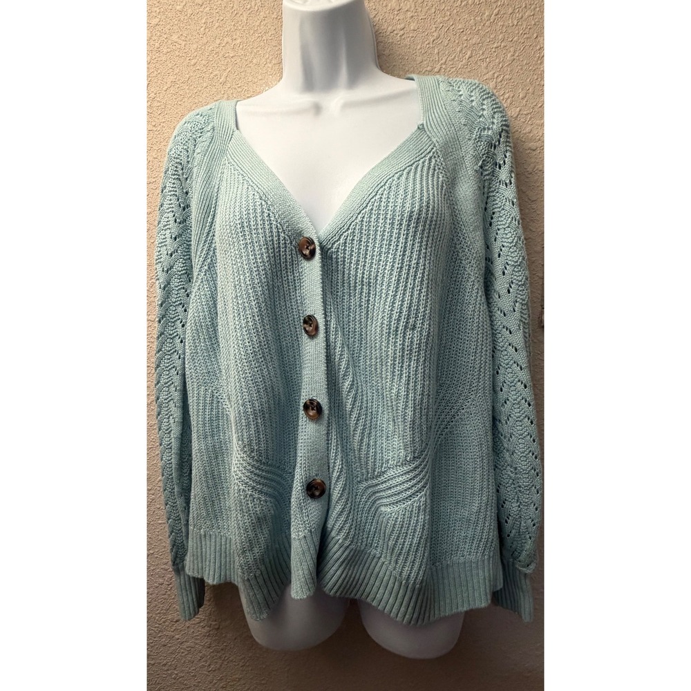 Torrid Light Blue Pointelle Eyelet Sleeve Button Front Cardigan Sweater Size 1